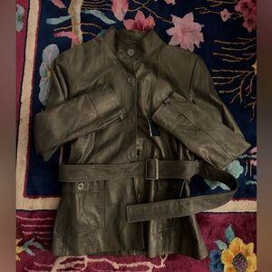 NWT 100%  Leather gold/bronze metallic finish jacket L metal buttons & buckle